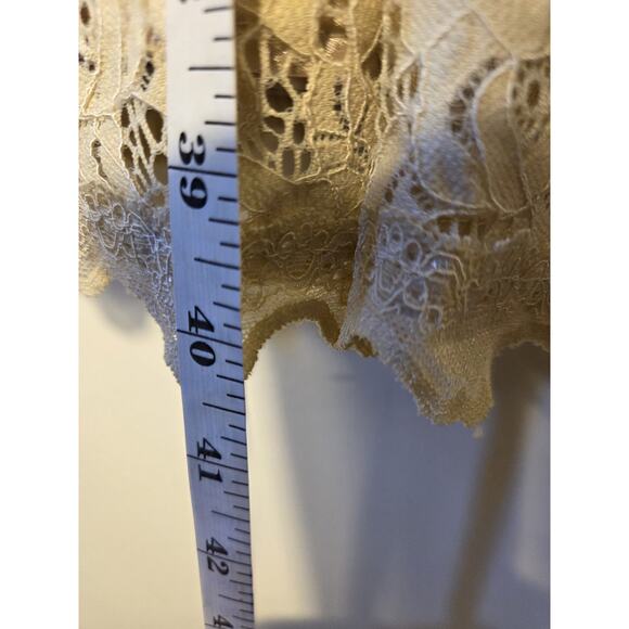 Lace Floral Dress Beige Knee Length Size S Lined Stretch Short Sleeve Romantic - Picture 11 of 11